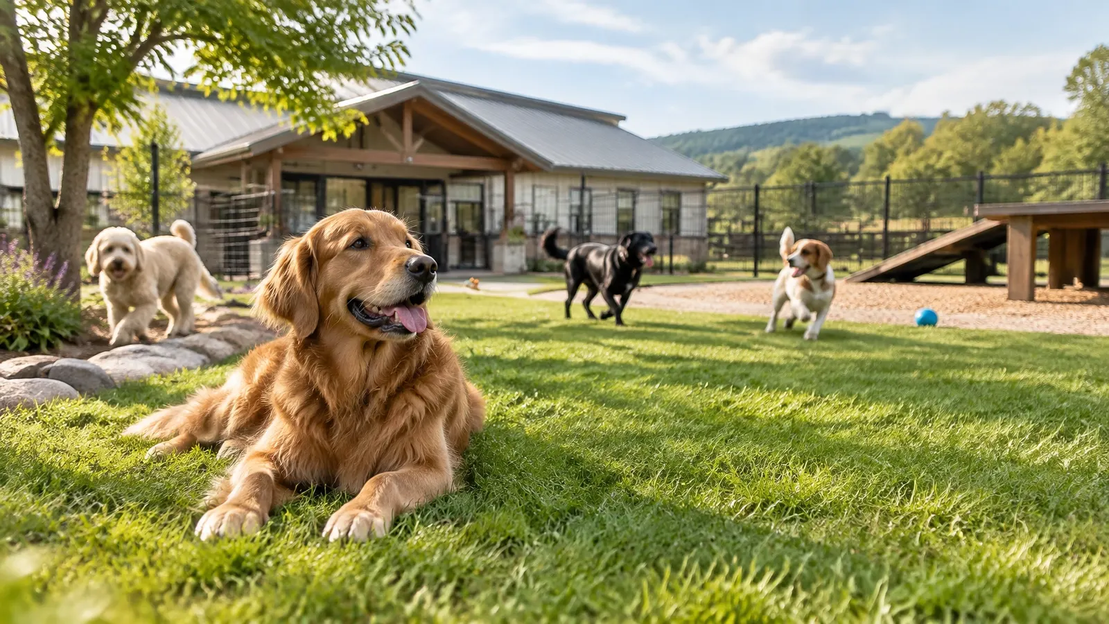 Happy dogs enjoying a sunny day in a spacious kennel yard